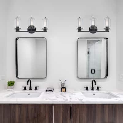 Skylar 24.5 in. 3-Light Matte Black Vanity Light with Clear Glass Shades for Bathrooms