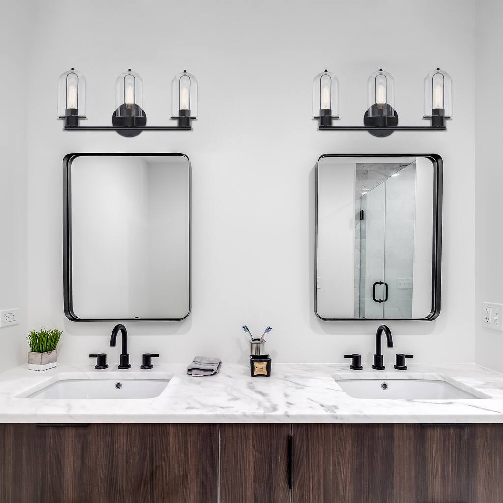 Skylar 24.5 in. 3-Light Matte Black Vanity Light with Clear Glass Shades for Bathrooms