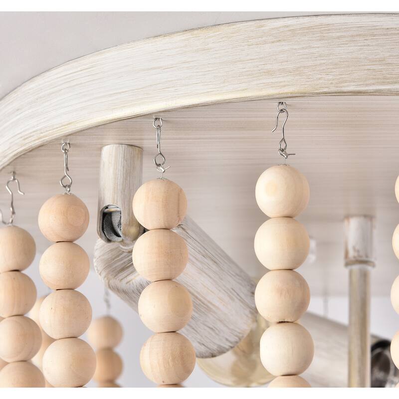 3-Light Wood Bead Chandelier Rustic Flush Mount Ceiling Light Fixture - 10.2x12.6inch (Hx Dia)