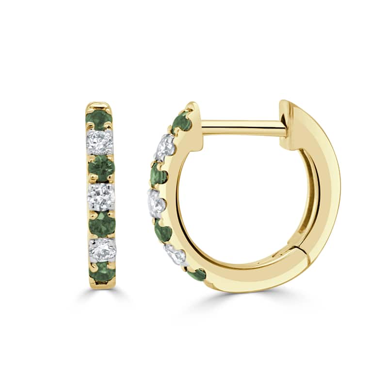 Joelle Collection Emerald & Diamond Huggie Hoop Earring 14K White Gold 11mm - Green - Emerald - Yellow
