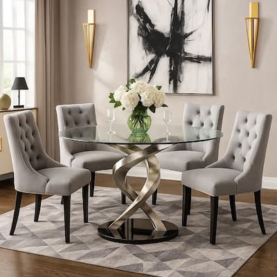 Contemporary Round Dining Table with Swirl Metal Base, Black and Silver