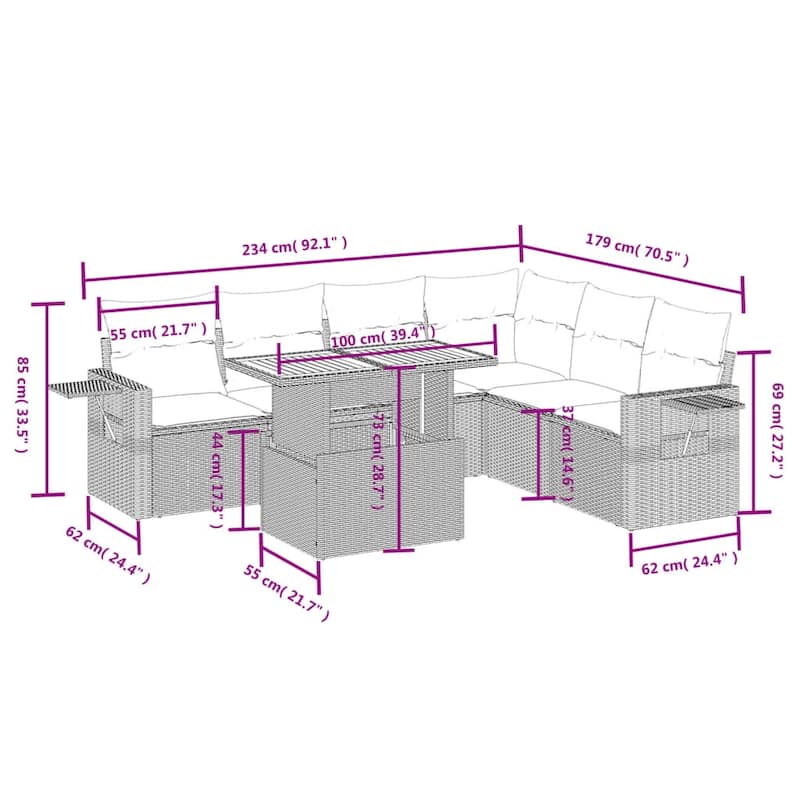 vidaXL Patio Sofa Set with Cushions Outdoor Furniture 7 Piece Poly Rattan - 24.4 x 24.4 x 27.2