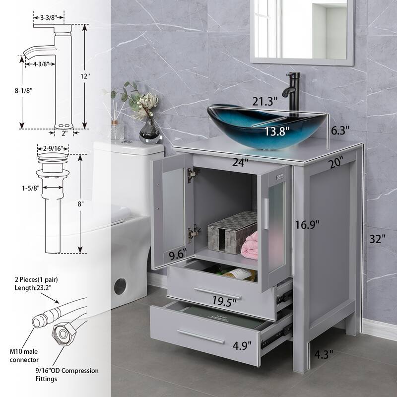 Eclife 24" Bathroom Vanity Gray Set Glass/ Ceramic Vessel Sink Cabinet Faucet Drain Combo Free Standing