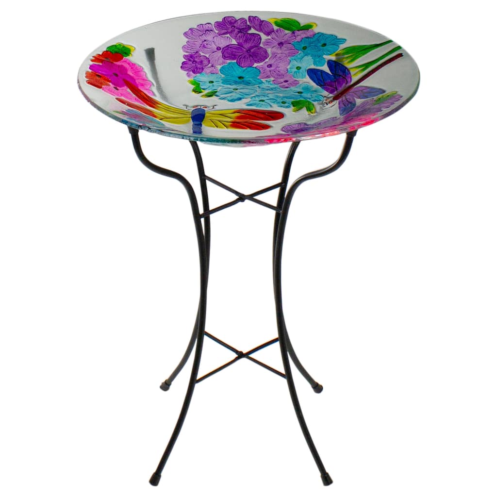 18" Pink Purple Dragonflies Hand Painted Glass Outdoor Patio Birdbath