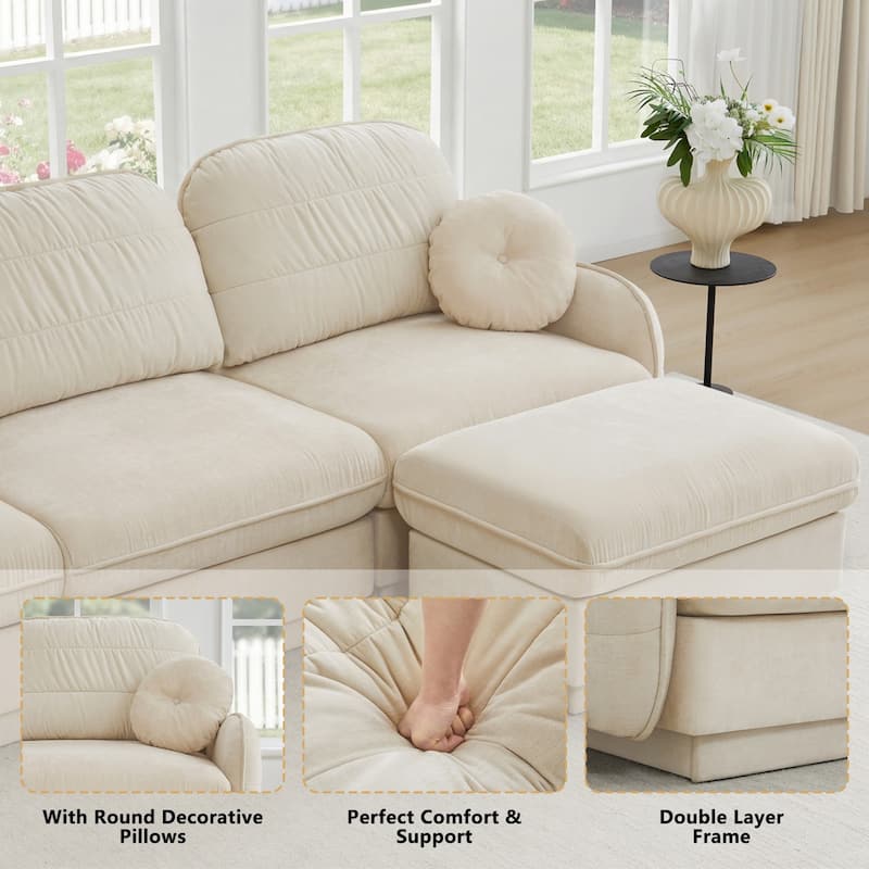 105" Chenille Sectional Sofa with 2 Round Pillows and 2 Movable Ottomans
