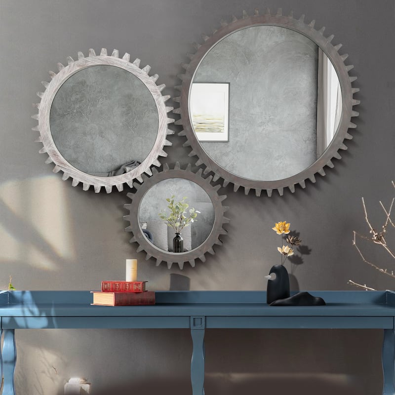 Vintage 34"x34"Wood Round Hanging Gear Shape Heavy Decorative Mirror For Bathroom Living Room Entryway Or Put Together