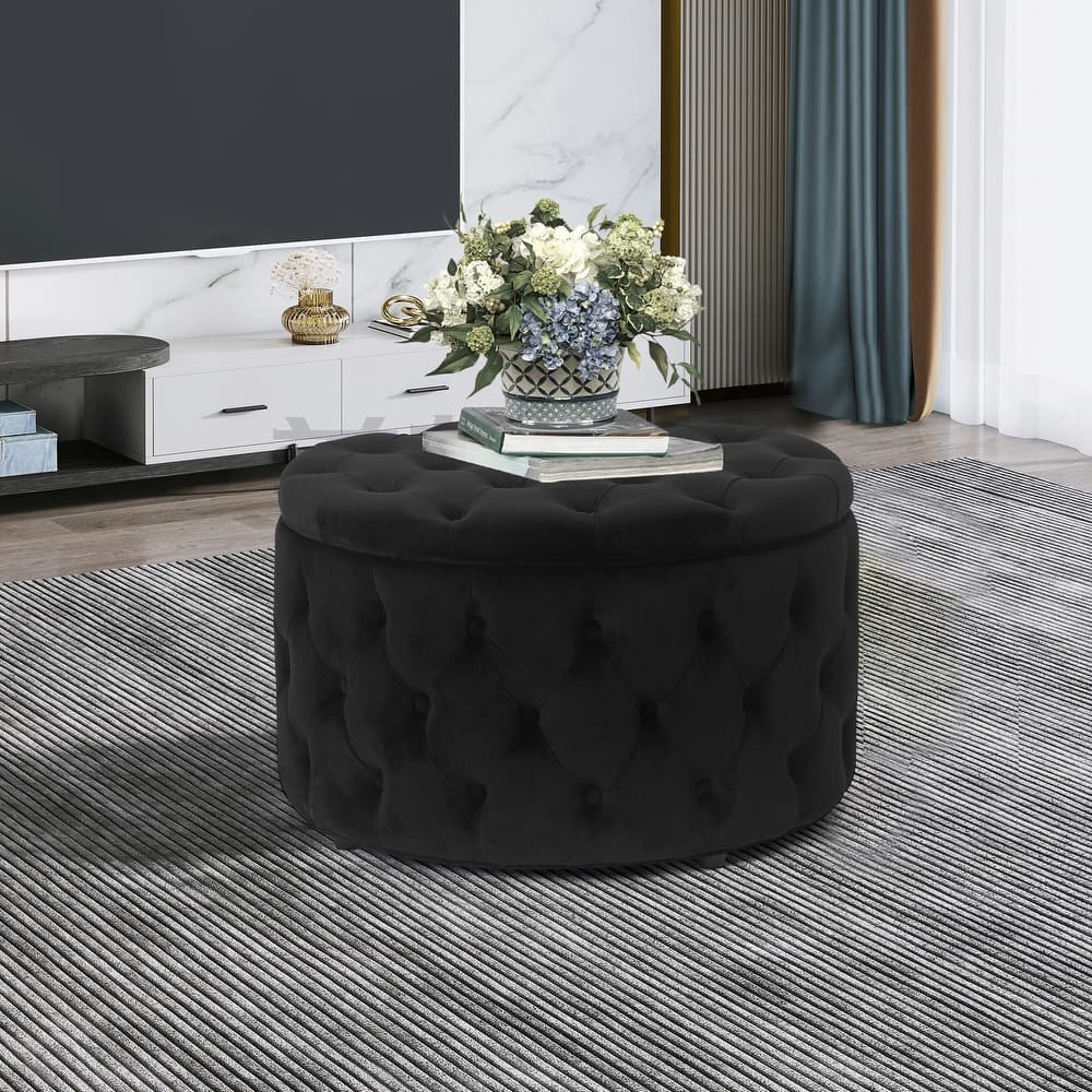 Adeco Round Storage Ottoman Button Tufted Footrest Stool Bench