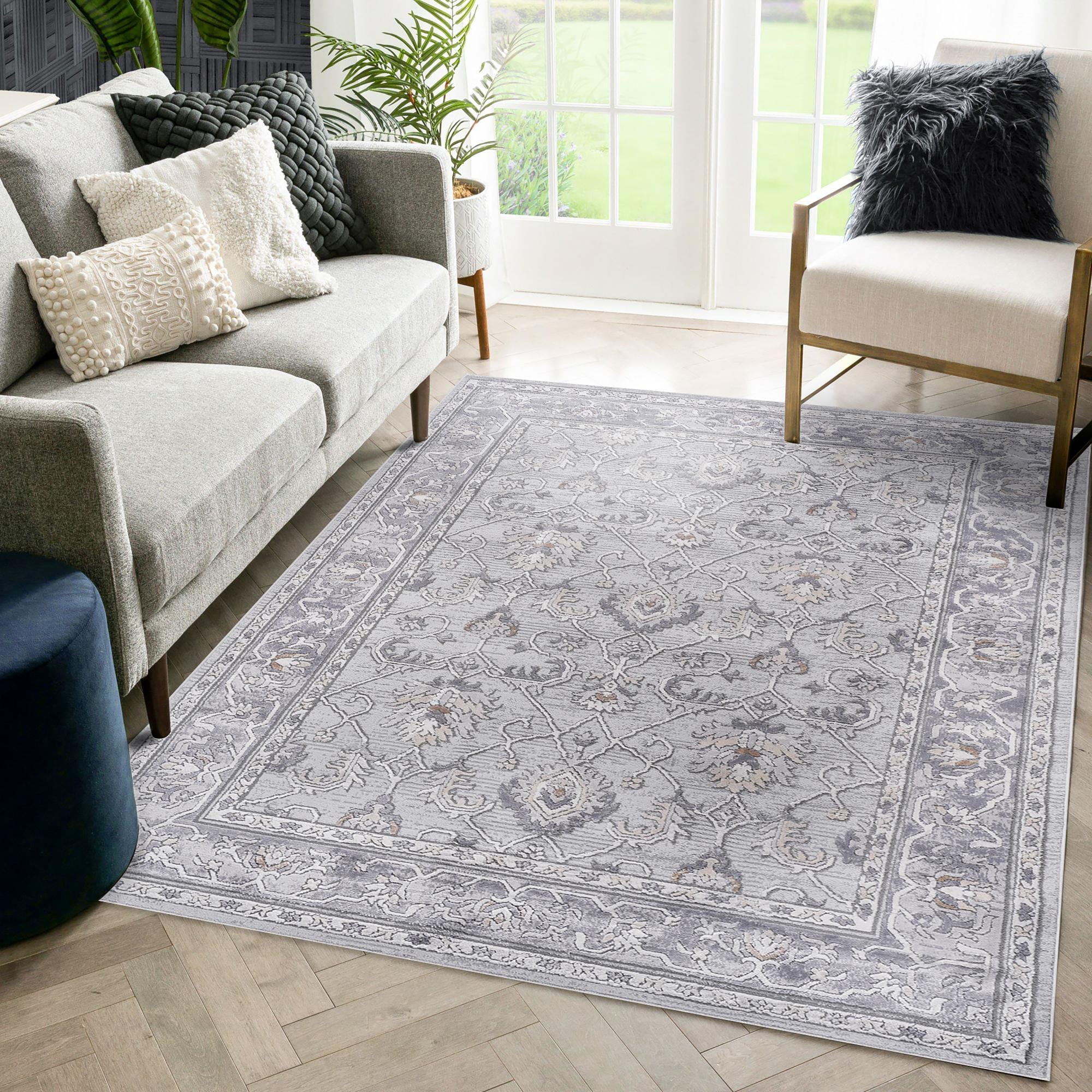 Roomfitters 8x10 Machine Washable Boho Vintage Area Rug, Non-Slip Pet Friendly Indoor Living Room Decor Carpet - Ivory+Grey