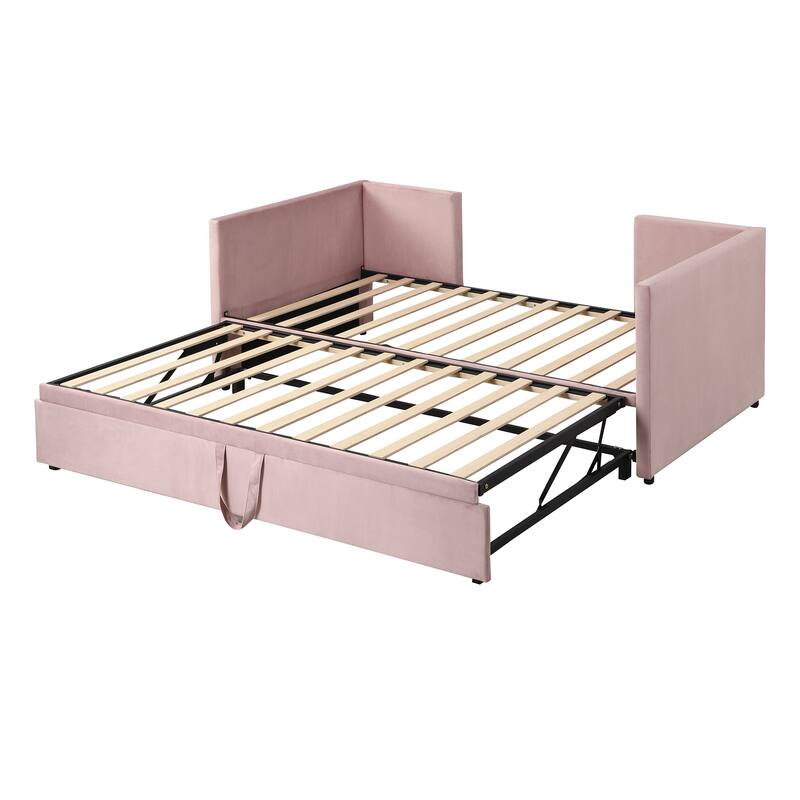 Pink Twin Upholstered Daybed with Pop-Up Trundle, Convertible to King Size