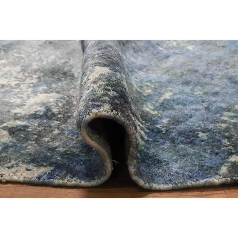 Hand Knotted Oriental Viscose Silk Carpet Modern Abstract Navy Blue & Blues Abstract Area Rug - 6' 8'' X 6' 8''
