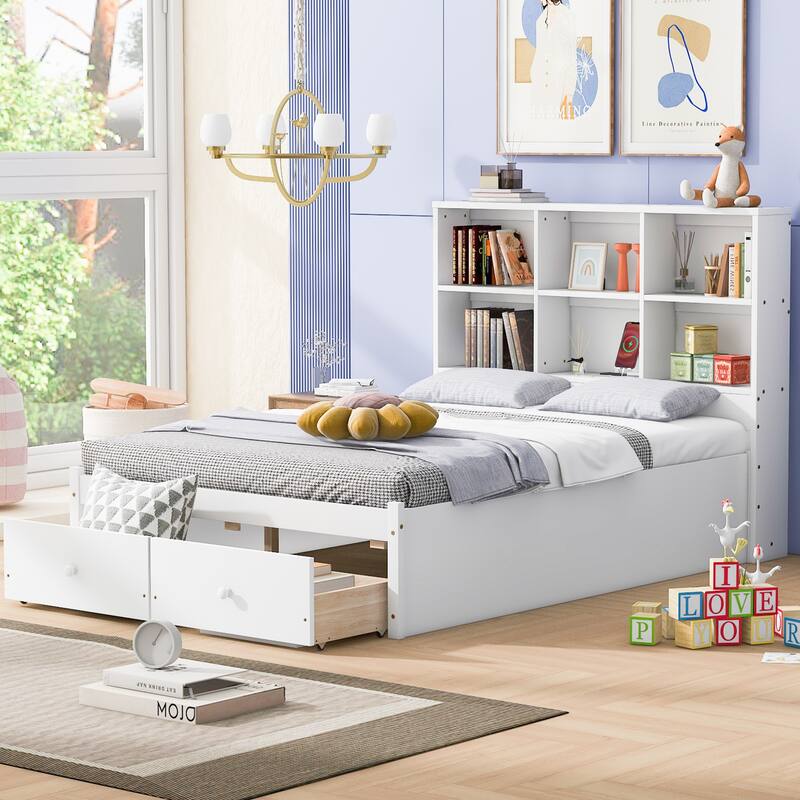 Full Size Bed Frame with Storage Headboard, Charging Station, and Two Drawers, Pine Wood & MDF Construction