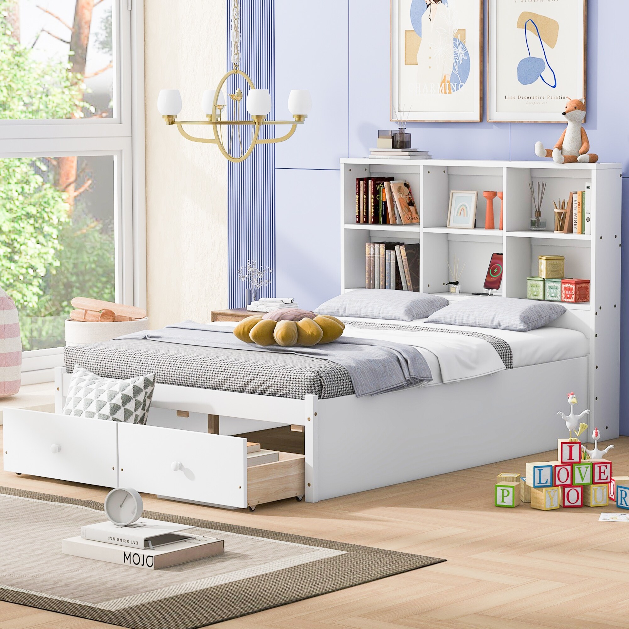Full Size Wood Platform Storage Bed Frame Cube Headboard Cabinet