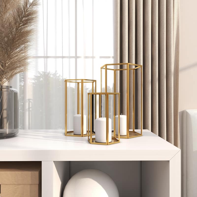 Glass Decorative Indoor Outdoor Candle Lantern with Metal Plate - Set of 3 Gold - CosmoLiving by Cosmopolitan