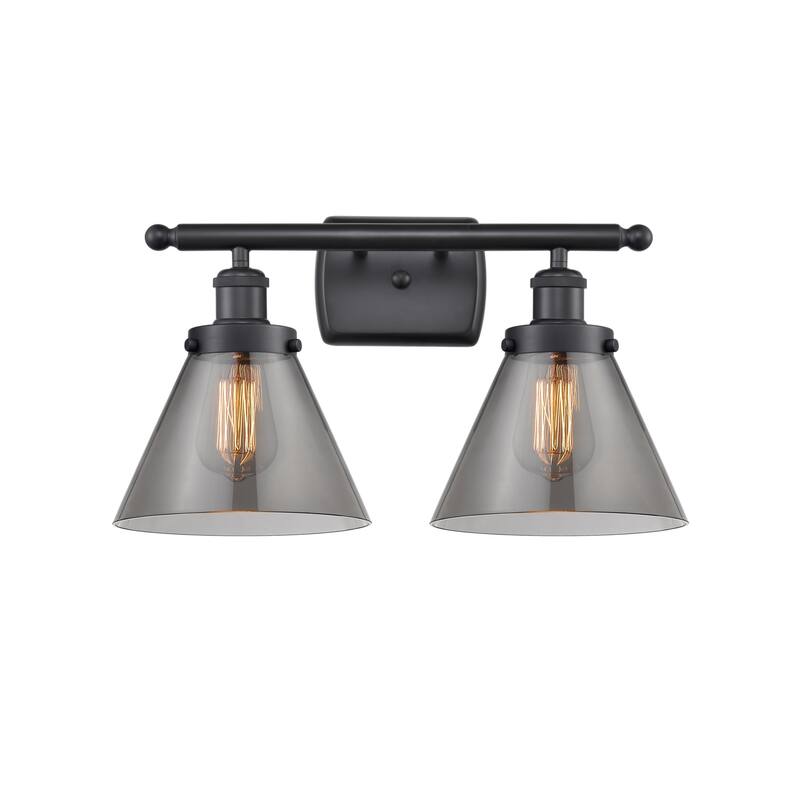 Innovations Lighting Large Cone 2 Light 16" Wide Vanity Light - Matte Black / Plated Smoke