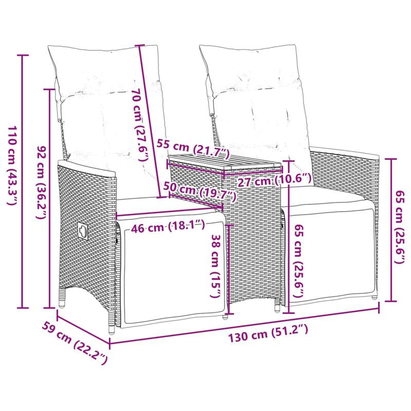 vidaXL Reclining Patio Sofa 2-Seater with Table Loveseat Furniture Poly Rattan - 23.2 x 51.2 x 36.2 in