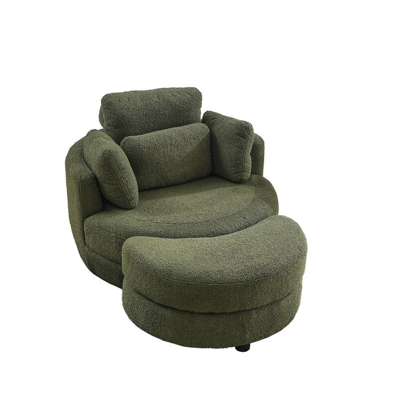 Wide Teddy Fabric Oversized Swivel Barrel Chair with Moon Storage Ottoman, 4 Pillows and 360° Rotation