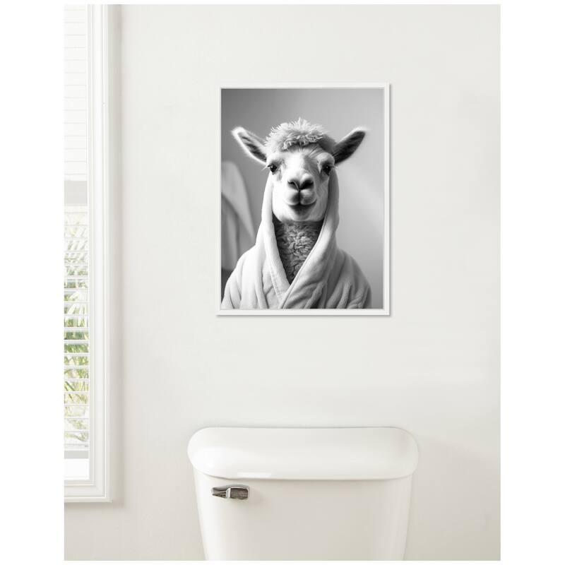 Kate and Laurel Sylvie Llama Bathroom Art Towel Robe Black and White Framed Canvas by The Creative Bunch Studio