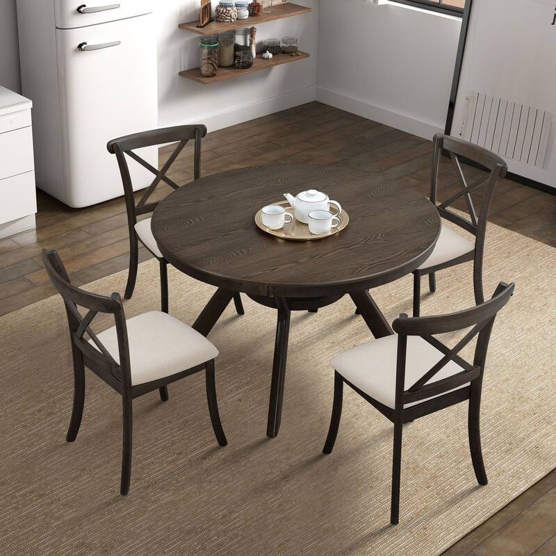 Modern 5-Piece Dining Set with Round Table & 4 Cross Back Upholstered Chairs