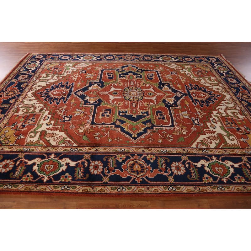 Medallion Heriz Serapi Indian Area Rug Hand-Knotted Wool Carpet - 9'0" x 12'1"