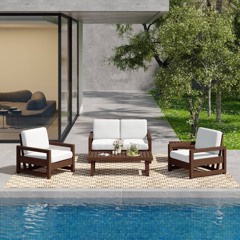 5-Piece Teak Wood Outdoor Patio Conversation Set with Cushion