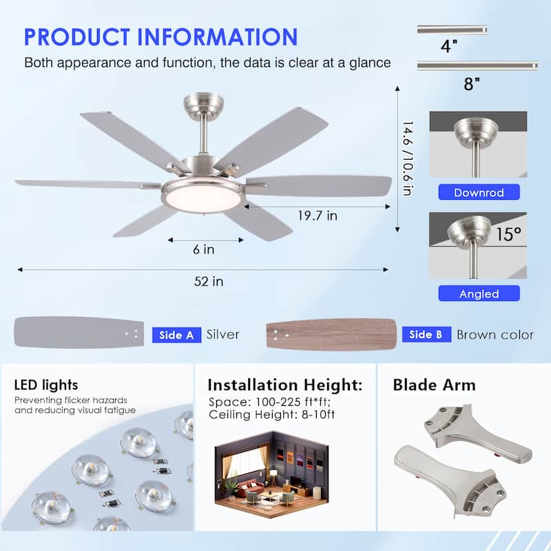 46 and 52 Inch Modern Ceiling Fan with LED and Remote 5 Plywood Dual Side Blades Remote and APP Control for Living Room Bedroom