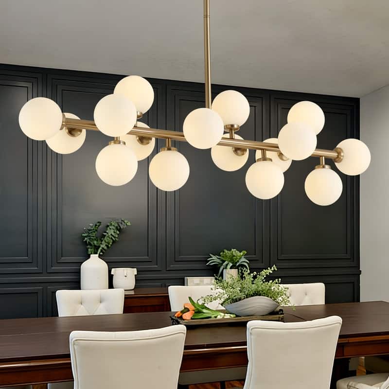 40 in. Linear Mid Century Modern Chandelier 16-Light Gold Brass Sputnik Pendant Light with Frosted Glass Globe for Dining Room - Brass