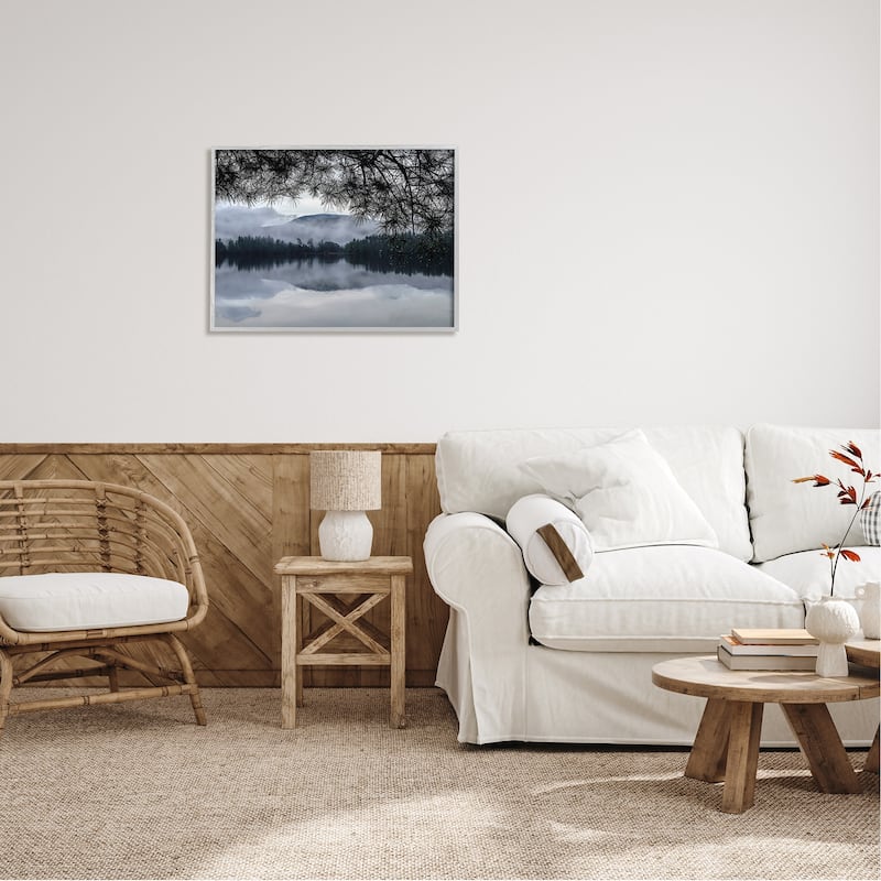 Stupell Trees Surrounding Hazy Mountainous Landscape Lake Framed Wall Art - Blue