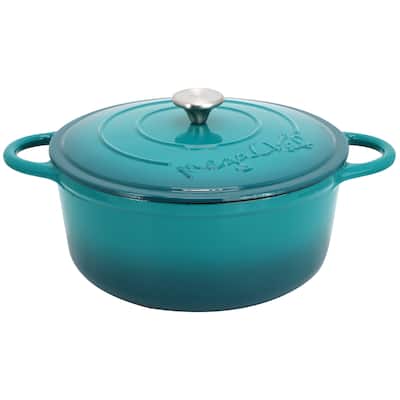 6.35 Quart Enameled Cast Iron Double Handle Dutch Oven Self Basting Lid in Sapphire Blue