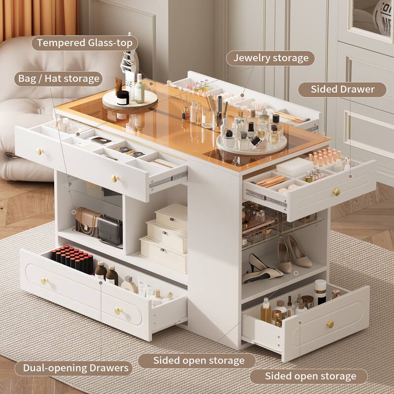 Six-Drawer Closet Island – Wardrobe Armoire with Glass Display Top, Open Shelves & Jewelry Storage Compartments - White
