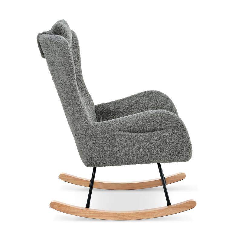 Polyester Glider Chair with Adjustable Headrest and Storage Pocket, Rubber Wood Base