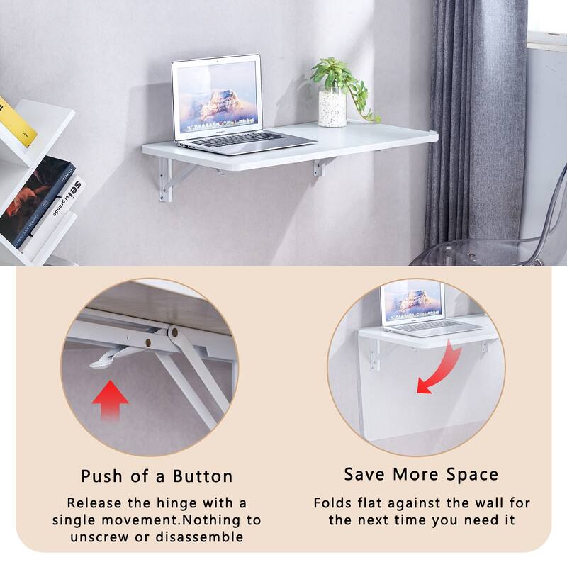 Minimalist Folding Wall Mounted Table Desk with Steel Brackets and Smooth Rounded Corners for Small Space or Home Office