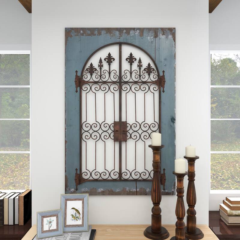 Blue Wood Arched Windowpane Fleur De Lis Home Wall Decor with Rust Metal Scrolled Gate