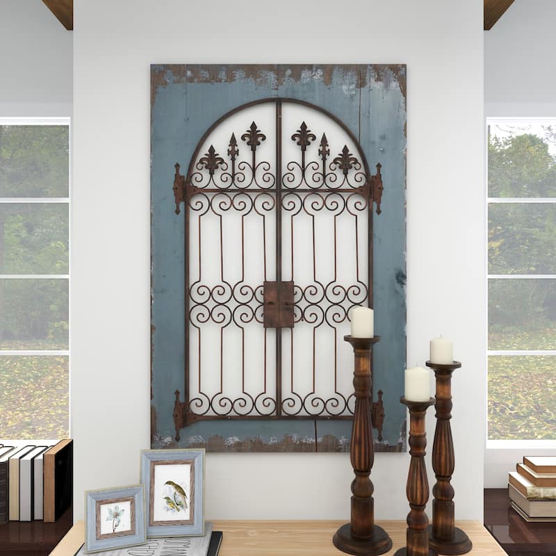 Wood Fleur De Lis Arched Windowpane Home Wall Decor with Rust Metal Scrolled Gate - Blue - Roche River Decor