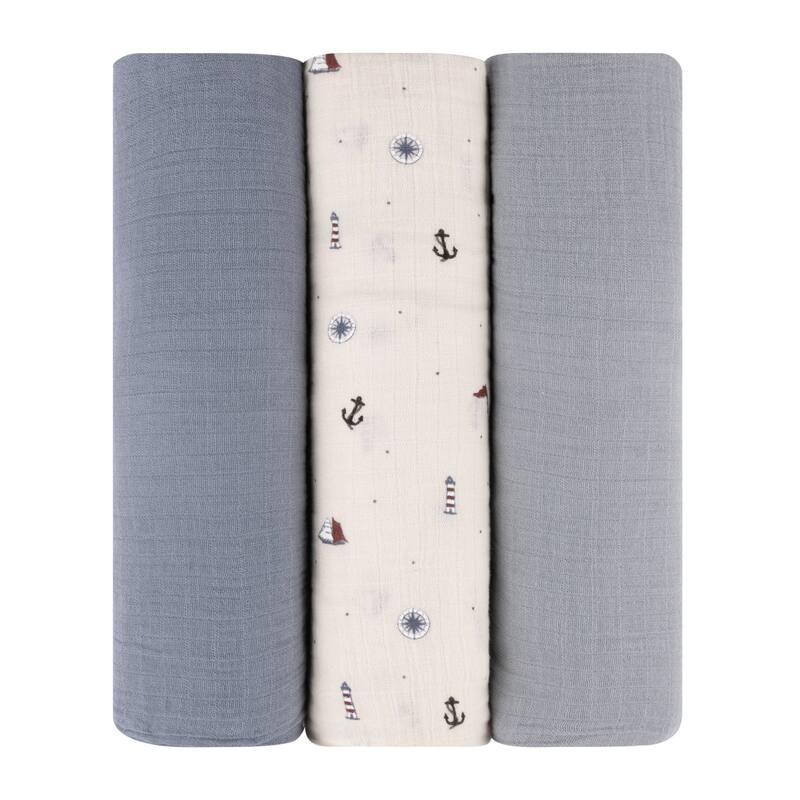 Ely's & Co. Cotton Muslin Swaddle Blanket - 3 Pack - 42"x42" - 0-24 months - Nautical/Solid Blue