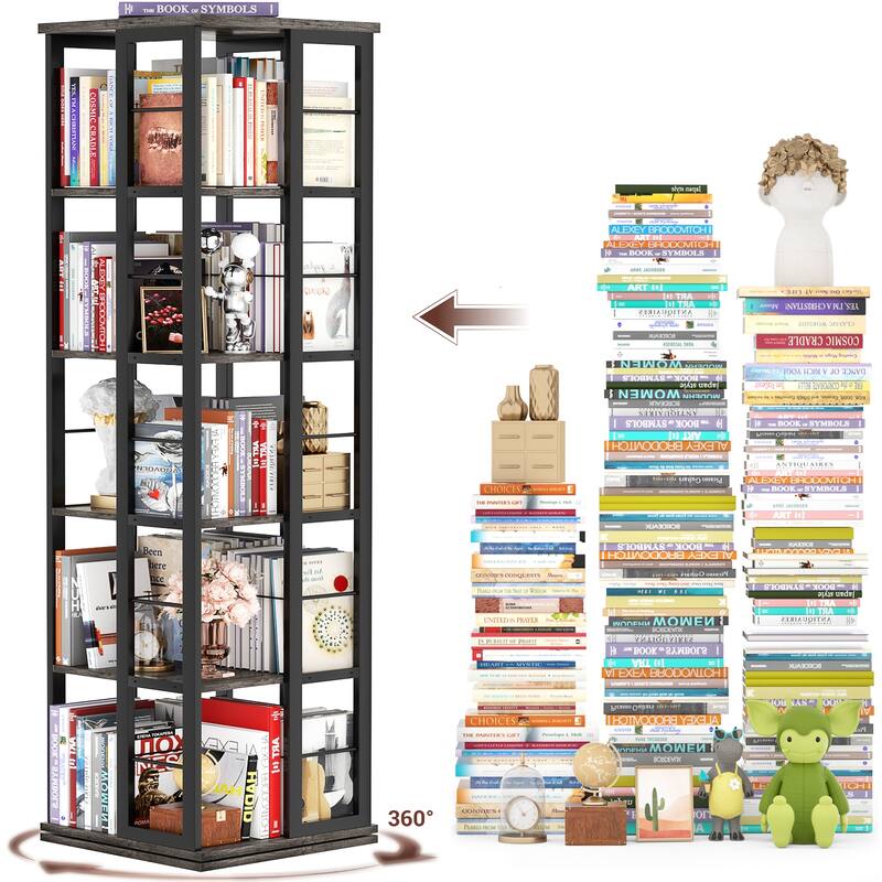 5-Tier Corner Rotating Bookshelf, 360 Display Wood Spinning Bookshelf, Floor Standing Bookcase Organizer Storage Rack
