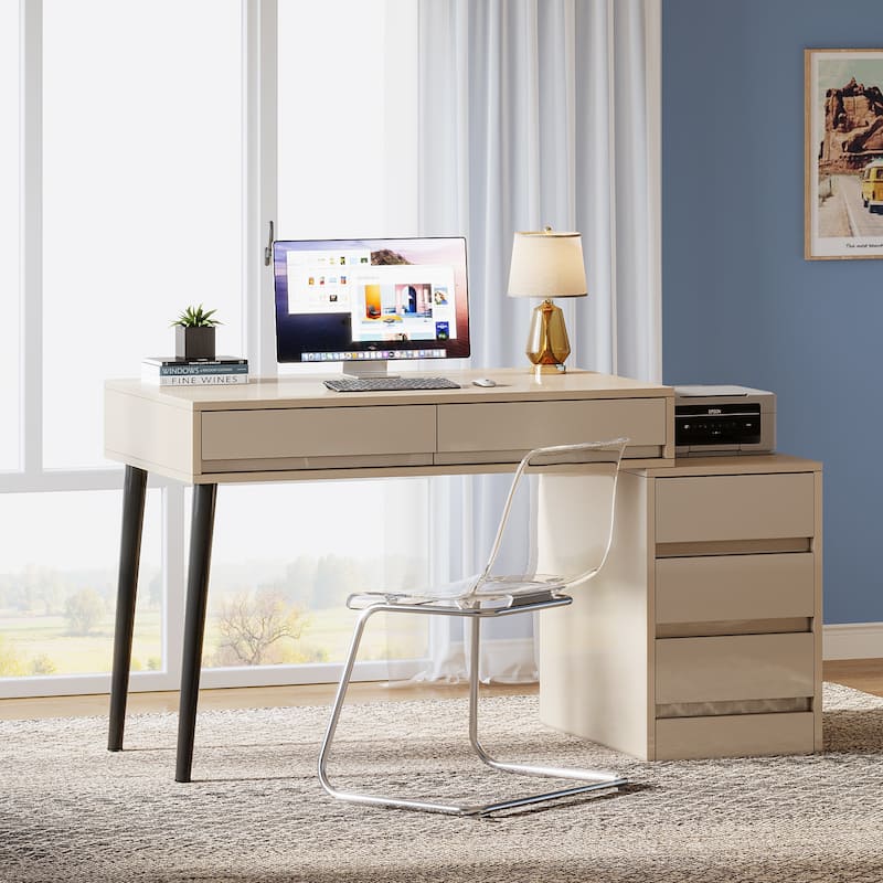 Reversible Vanity Desk with 5 Drawers, Glossy White Dressing Table