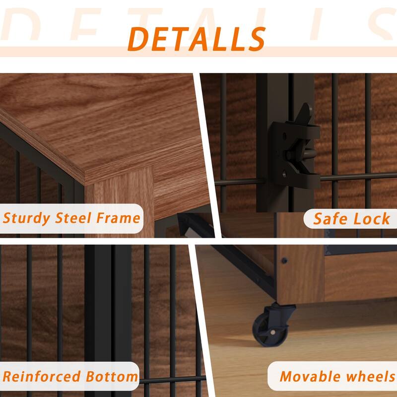 27.2" Dog Crate Furniture with Wheels for Small Dogs, Heavy Duty Dog Kennel Indoor with 2 Doors, Double-Doors Sturdy Dog Cage