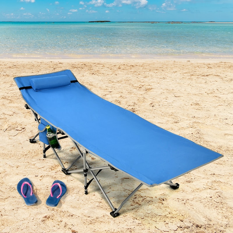 Folding Camping Cot Heavy-Duty Outdoor Cot Bed w/ Side Storage Pocket - 74'' x 26'' x 15.7''
