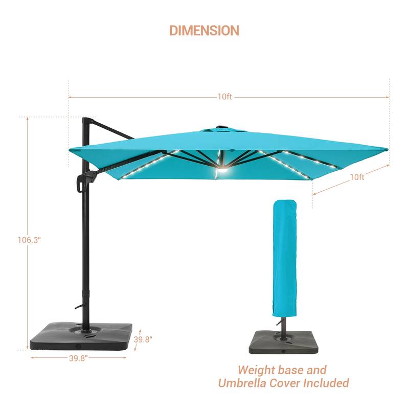LIVOOSUN Patio10x10FT LED Aluminum Cantilever Umbrella Solution-Dyed Fabric w/Base