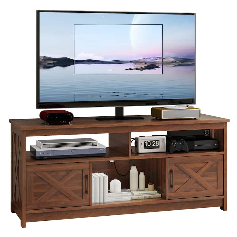 Moasis Farmhouse Barn Door Wood TV Stand with Power Outlet, Entertainment Center with Shelves for TV up to 65" - Walnut