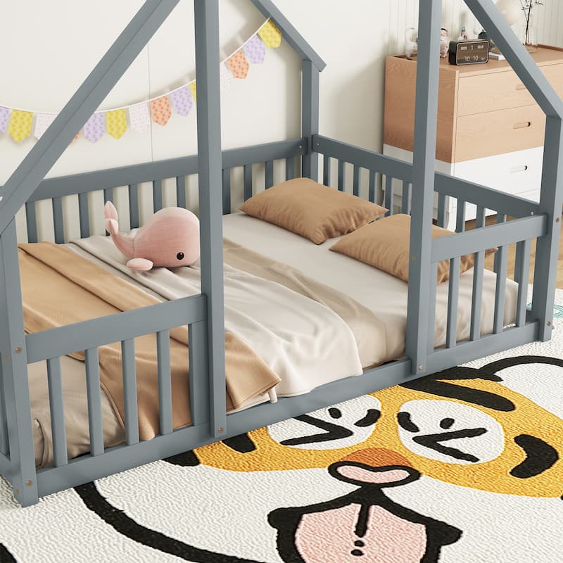 Modern Full Wood House-Shaped Floor Bed with Guardrails and Fence for Bedroom, Guest Rooms