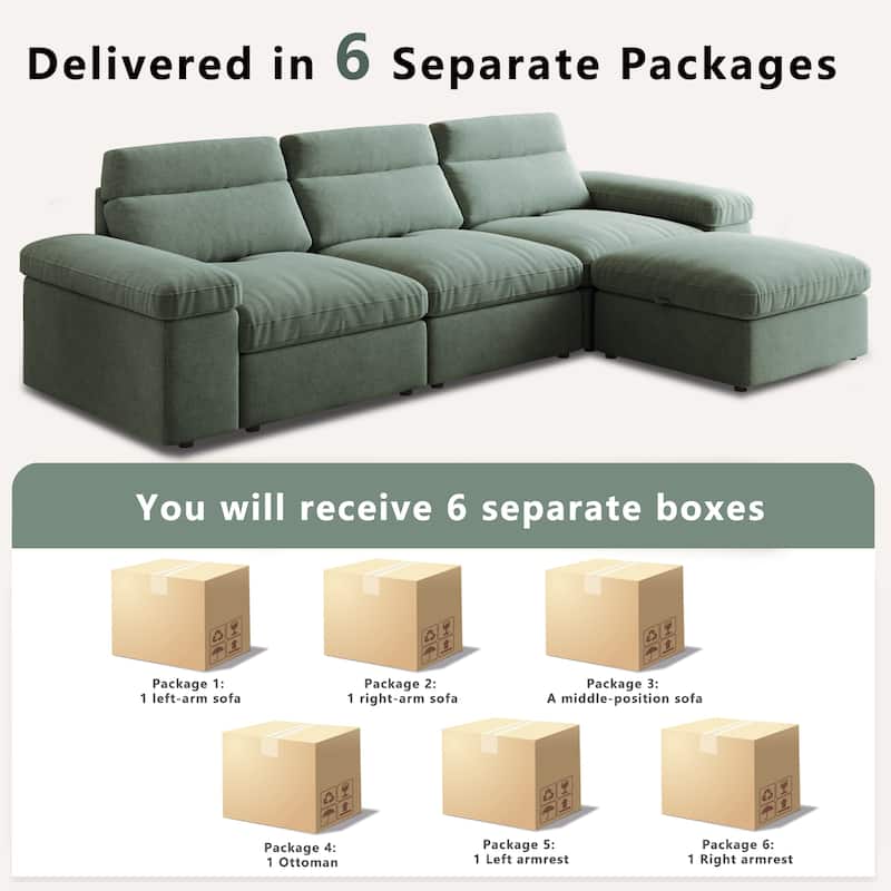 Down Filling Upholstered L-shaped Sectional Sofa with Storage Ottoman and Armrests, Chaise Modular Couch with Adjusted Backrest