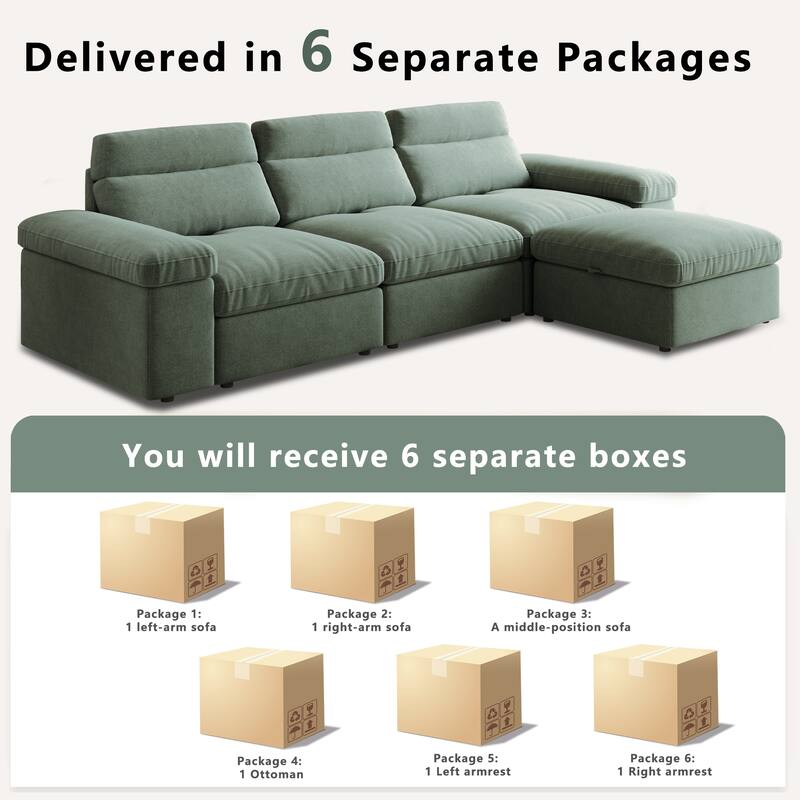 L-Shaped Modular Sectional Sofa with Storage Armrests & Ottoman, Oversized Deep-Seat Cloud Sofa, Lounge Sofa with Adjusted Back