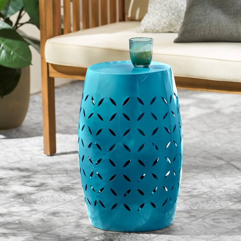 12.25" Modern Round Side Table with Barrel Structure and Iron-cut Design for Living Room or Bedroom