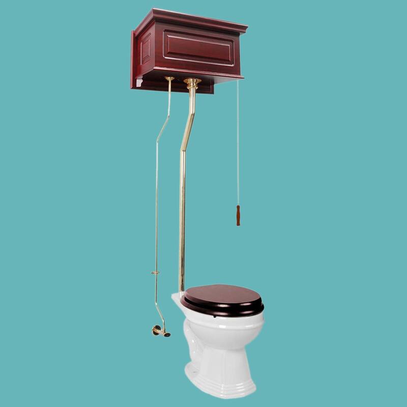 Cherry Wooden High Tank Toilet Raised Tank, Brass PVD L Pipe and Round White Bowl
