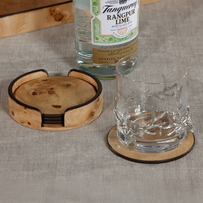 Valberg Burl Veneer Round Beverage Coasters with Holder, Set of 4 - Natural