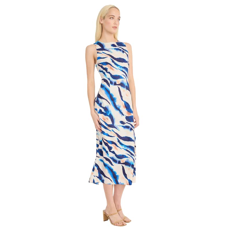 Donna Morgan Boatneck Sleeveless Sheath Midi Dress With Cut Out Tie Back And Back Slit - 6 - Ivory/Denim Blue