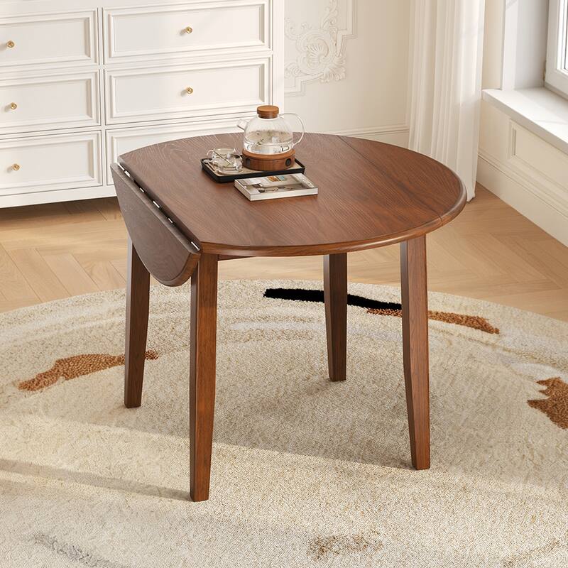 Extendable Round Wood Dining Table with Folding Leaf for Small Spaces - Brown