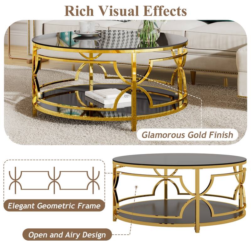 Glass Coffee Table Round Living Room Table, Luxurious Storage Table with Lower Shelf, 30.7" Center Table with Tempered Glass Top