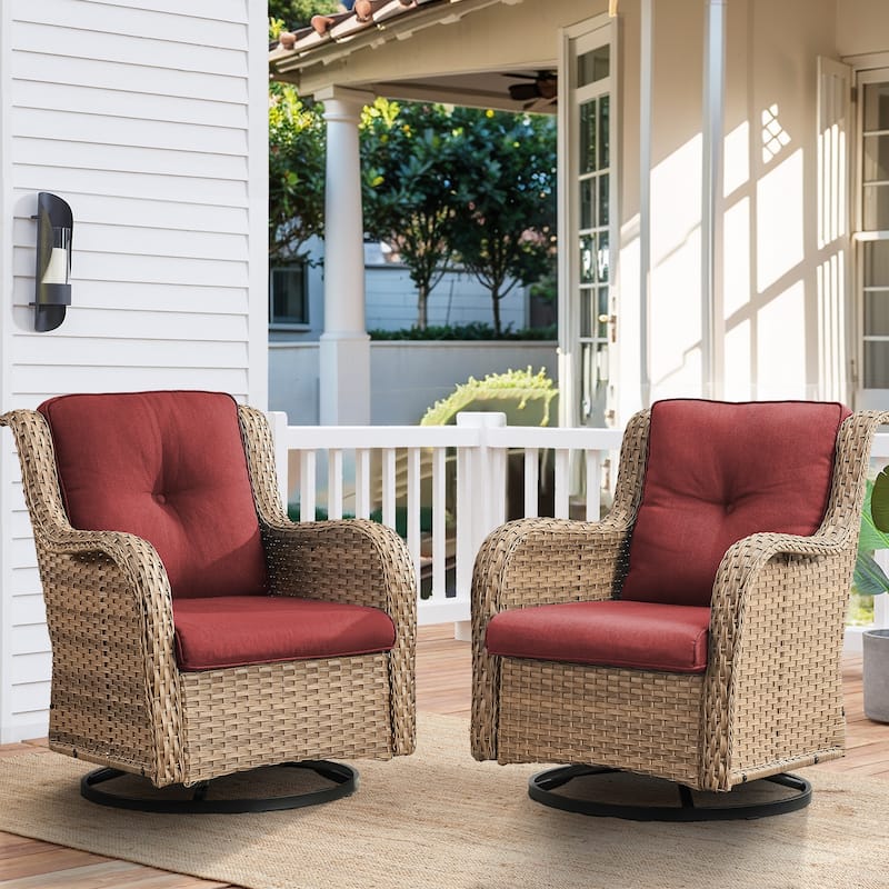 Gymojoy Outdoor Wicker Rocking Lounge Chairs with Swivel Base (Set of 2) - Yellow Wicker / Red Cushion